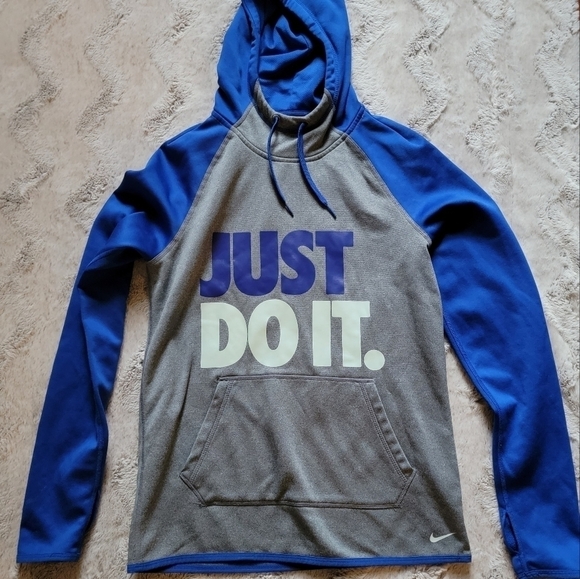 Nike Just Do It ThermaFit Blue Gray Drawstring Hoodie Kangaroo Pouch Size XS - Picture 1 of 13